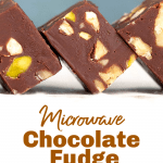 Squares of nutty chocolate fudge, pin with text