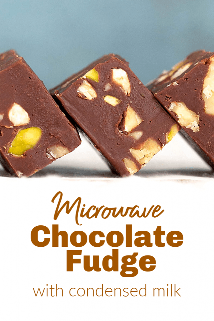 Squares of nutty chocolate fudge, pin with text