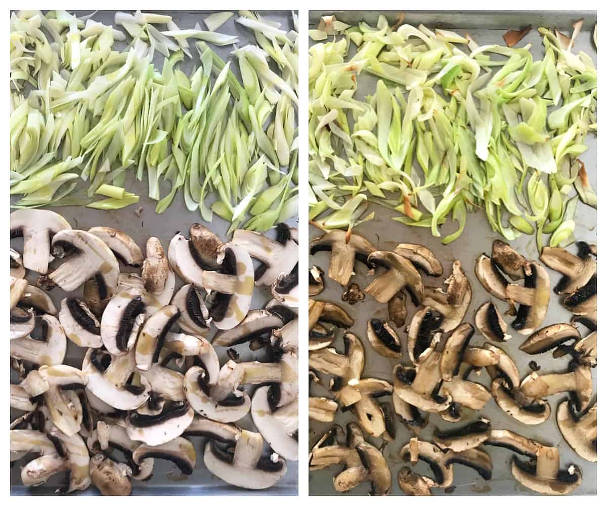 Two image collage showing tray of sliced mushrooms and leeks before and after being baked.