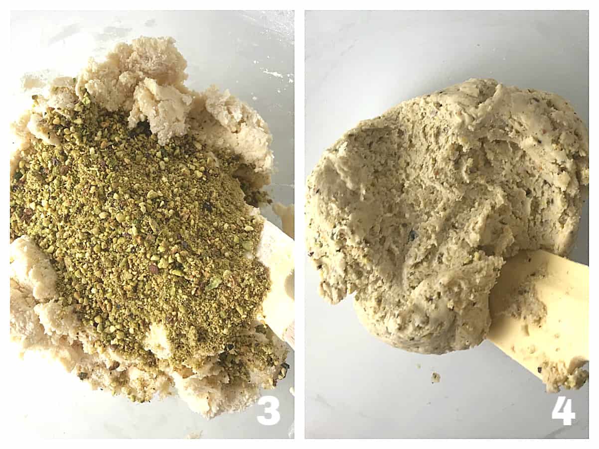 Mixing pistachio cookie dough, two image collage