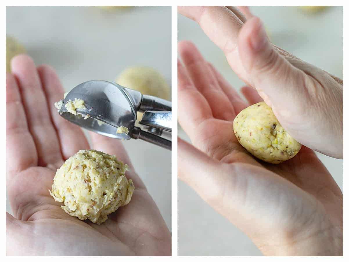 Hands forming balls with cookie dough, image collage