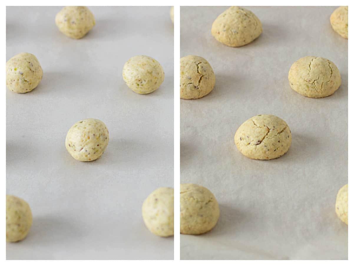 Unbaked and baked rows of cookies on parchment paper, image collage