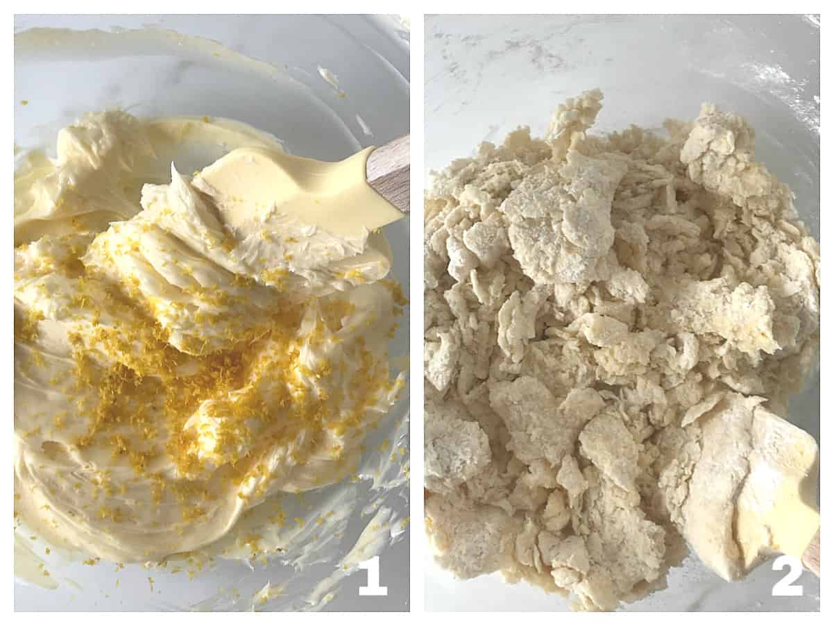 Process image collage of cookie batter with lemon zest, and mixing flour in