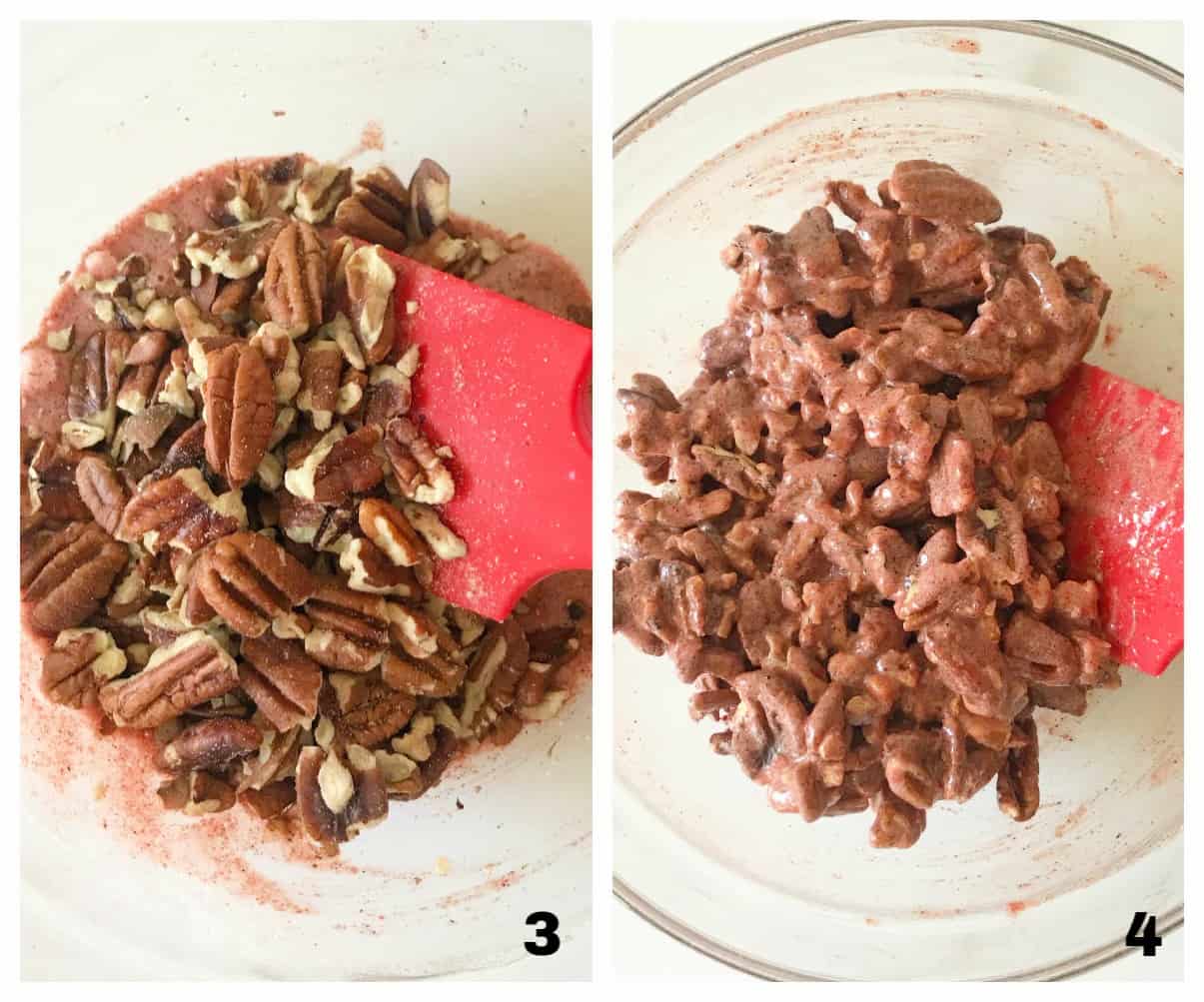 Mixing sweet spicy nuts in glass bowl with red spatula; process collage.