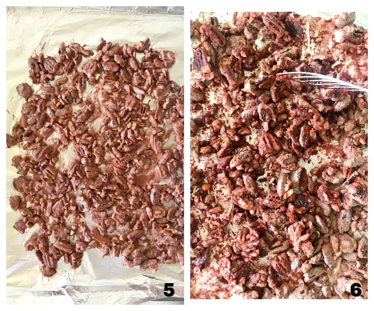 Baked cocktail nuts in aluminum foil; process collage.