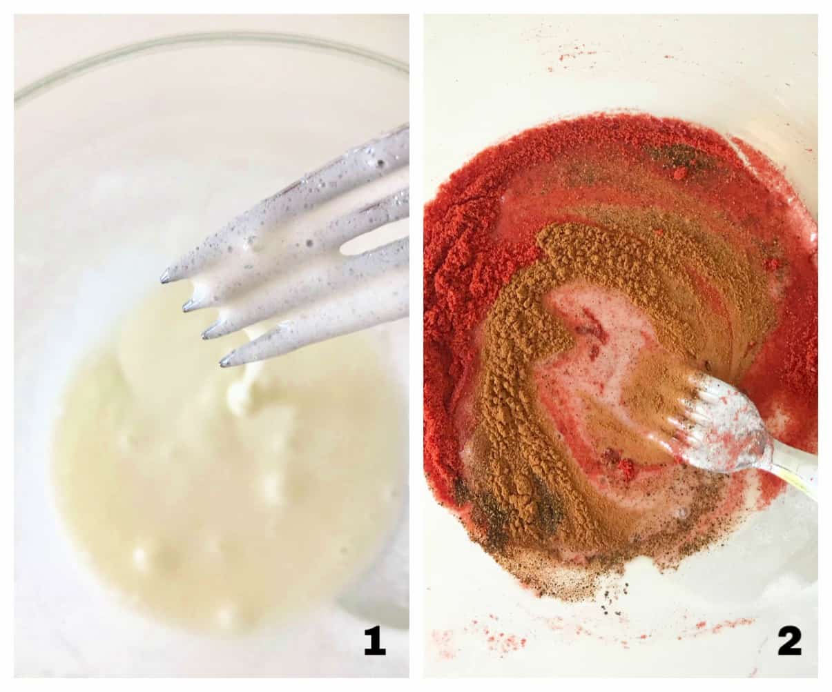 Mixing egg white mixture for cocktail nuts in a glass bowl with fork; process collage.