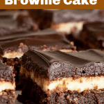 Squares of chocolate brownie Cake on white surface, with text