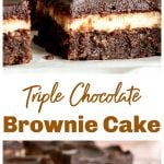 Squares of chocolate brownie Cake on white surface, long pin with text