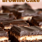 Squares of chocolate brownie Cake on white surface, pink background, with text