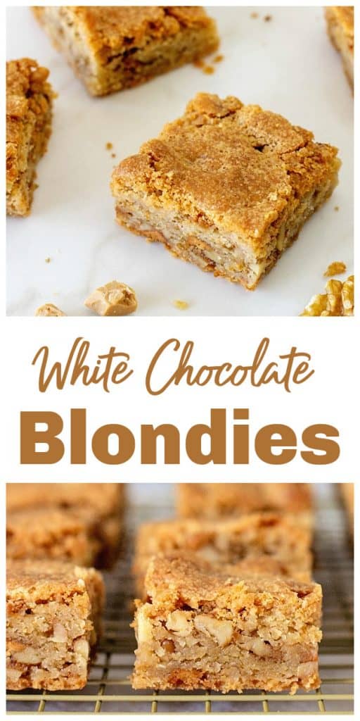 Blondie squares on white marble surface, long pin with text