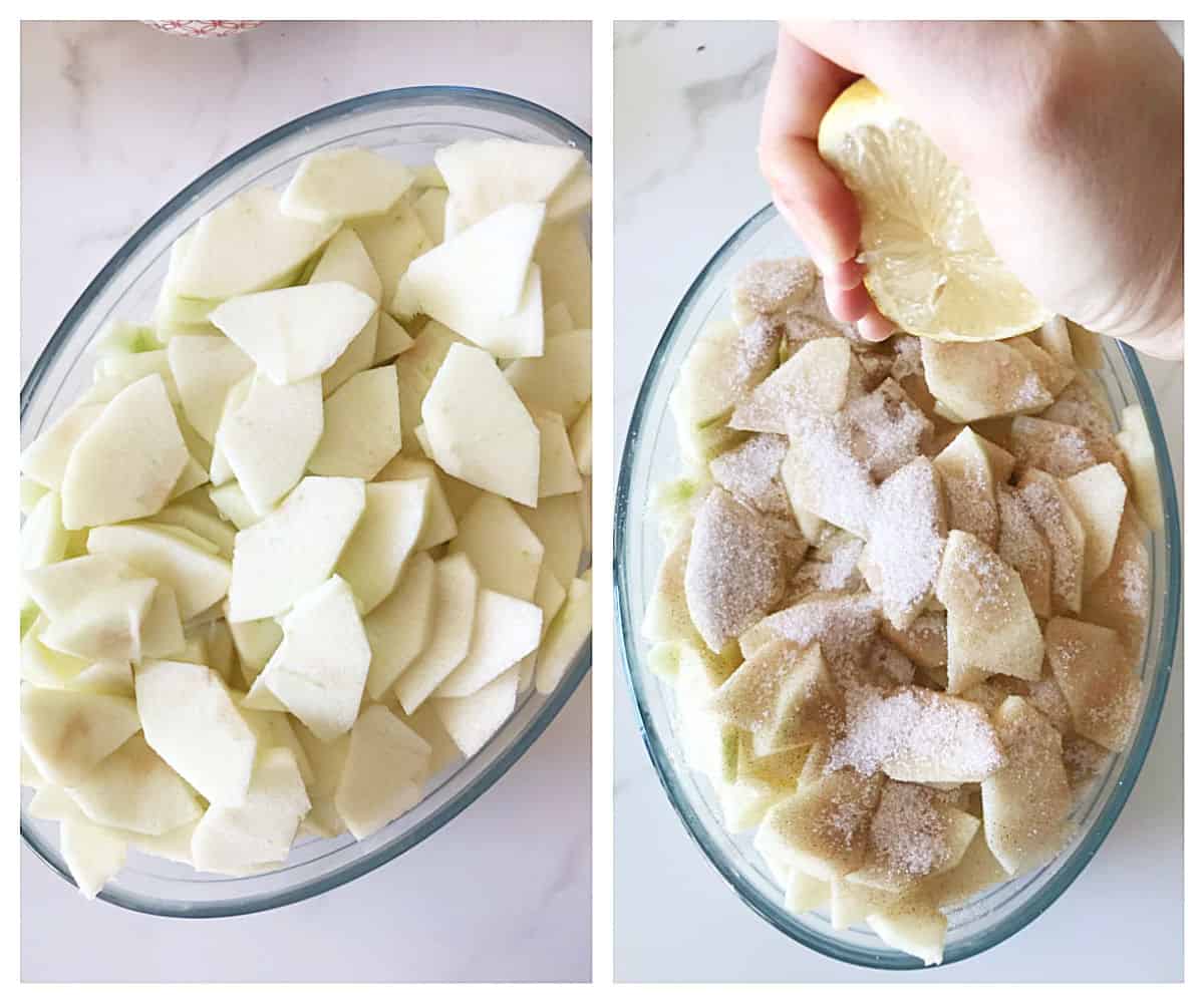 Oval glass dish with sliced apples, added sugar and hand drizzling lemon juice over them