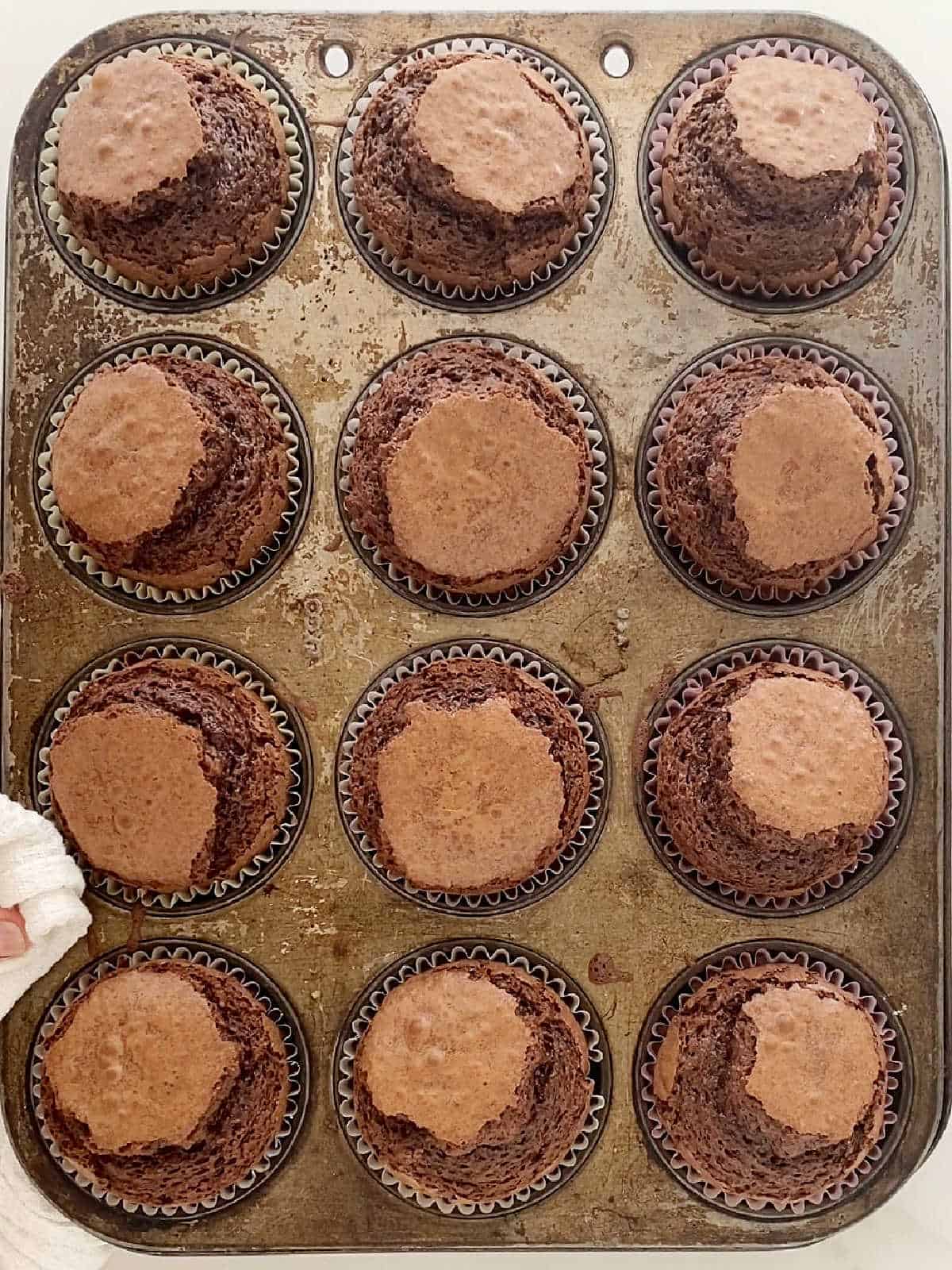 Baked brownie muffins in paper liner in a vintage muffin pan.
