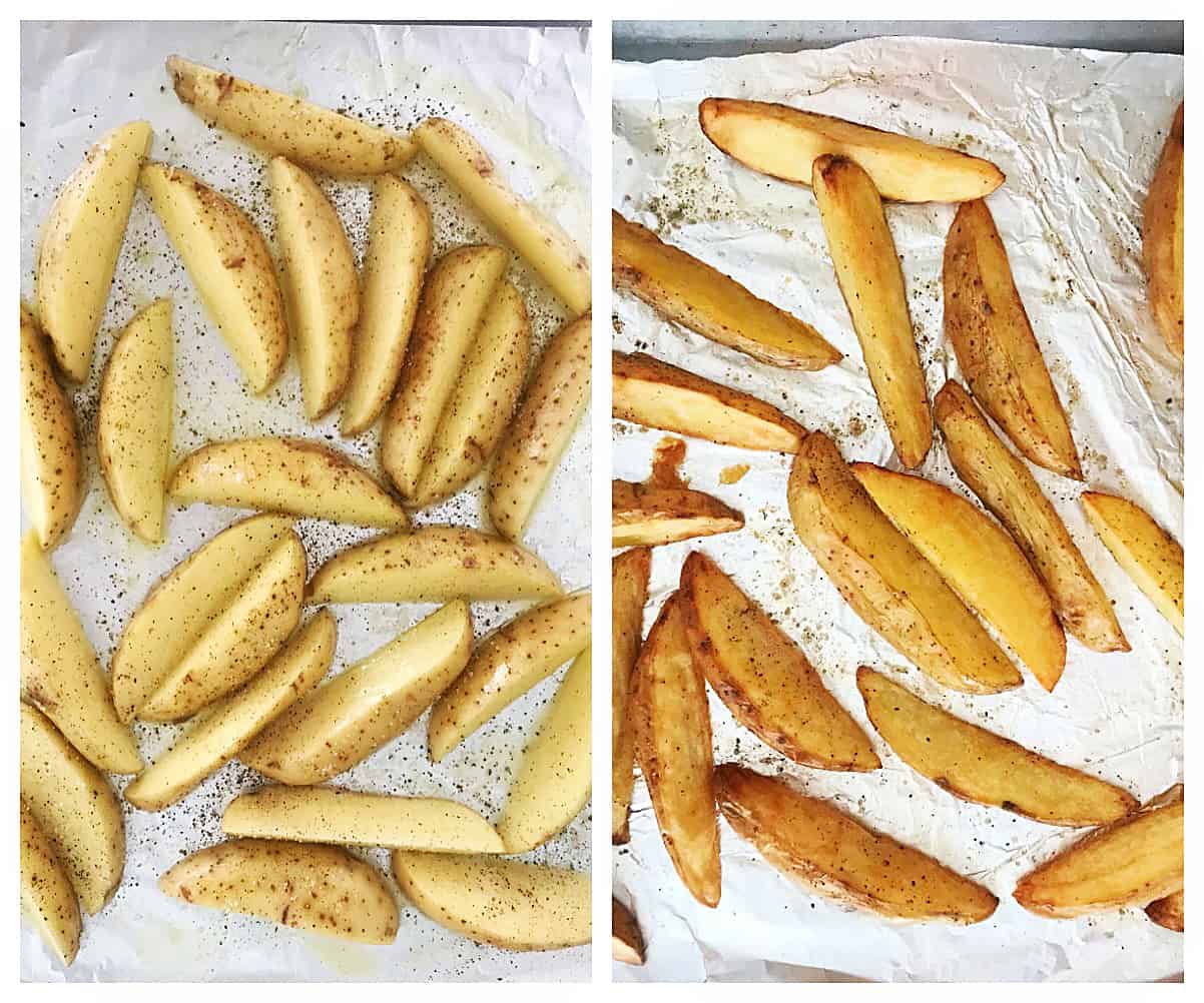 Image collage of raw and baked potato wedges