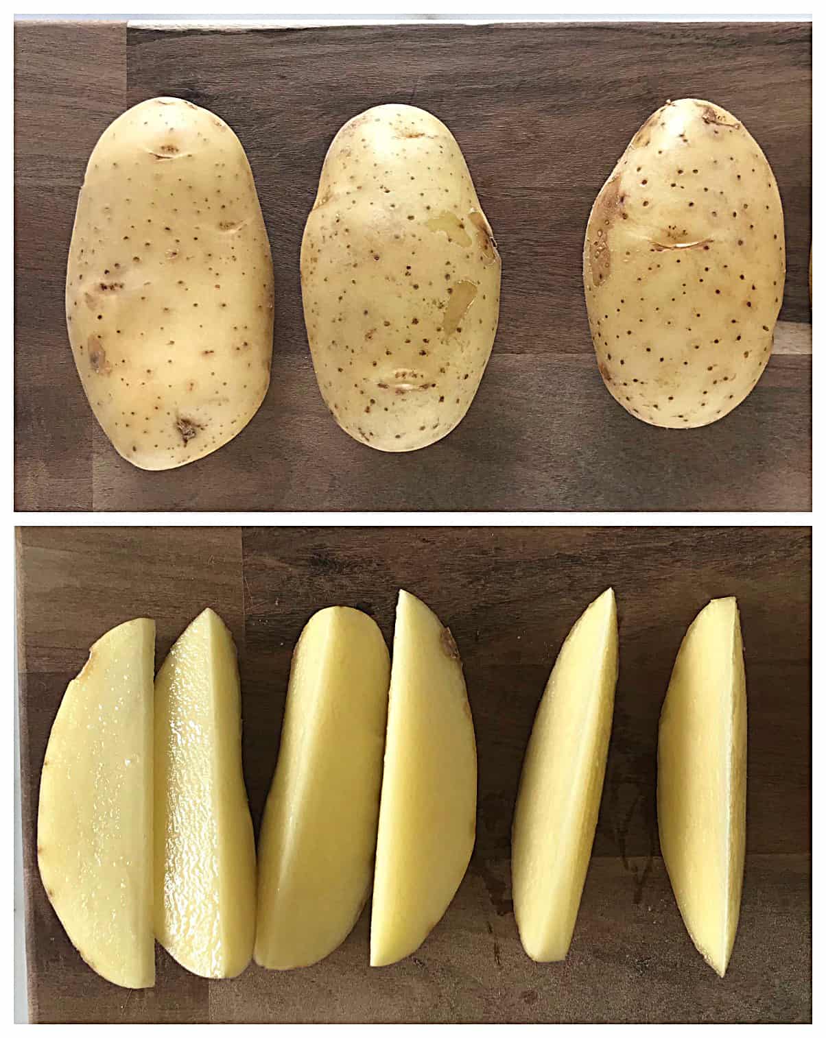 Image collage of whole potatoes and wedges on wooden boards