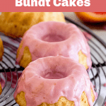 Glazed mini bundt cakes on wire rack, pin with text