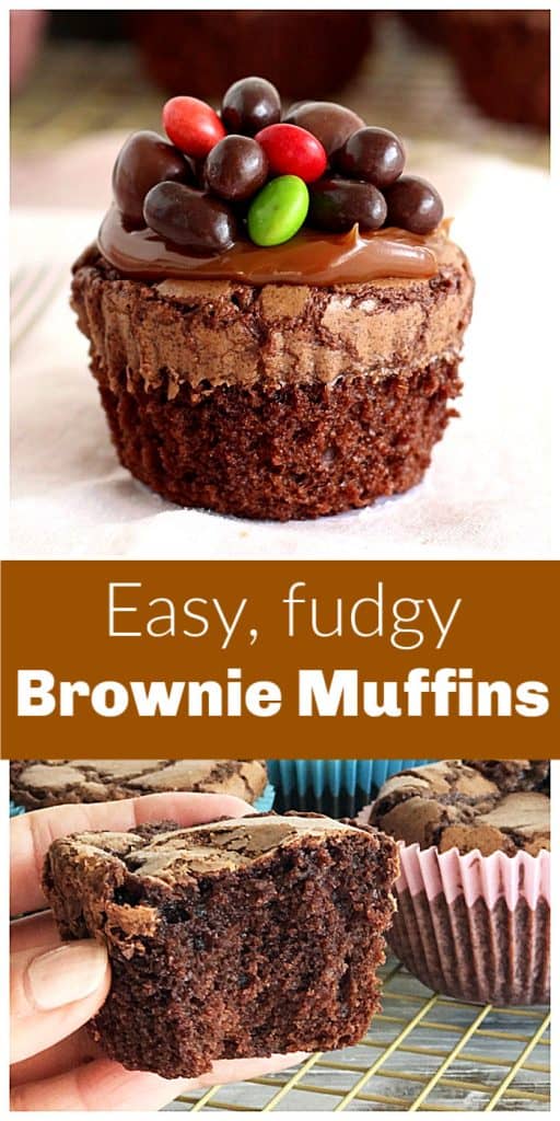 Brownie muffins with dulce de leche, pin with text
