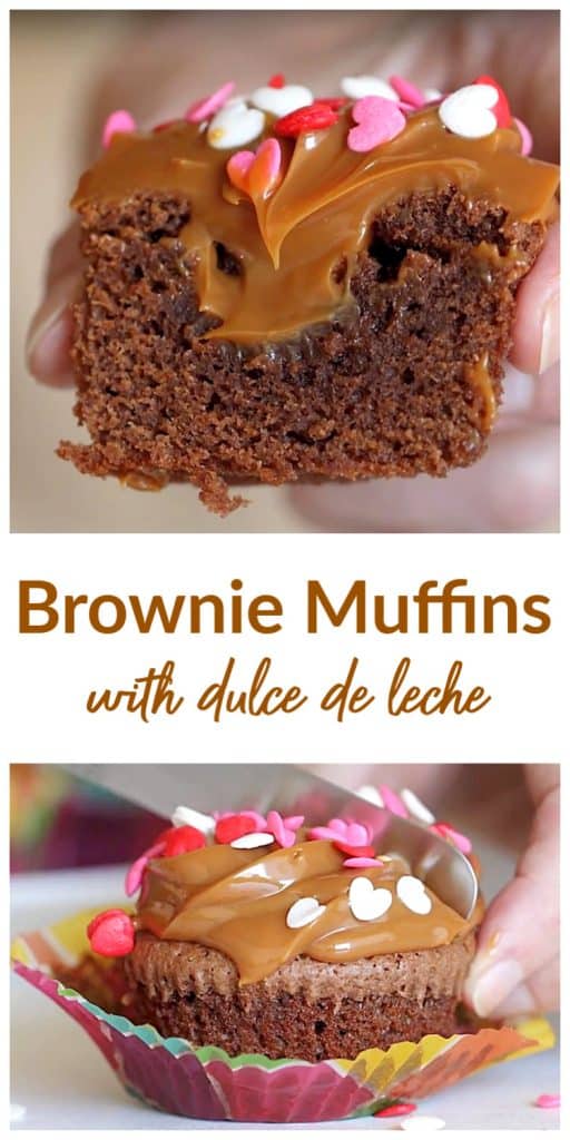 Brownie muffins with dulce de leche, pin with text