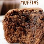 Close up of brownie muffins with white and pink background. Brown text overlay.
