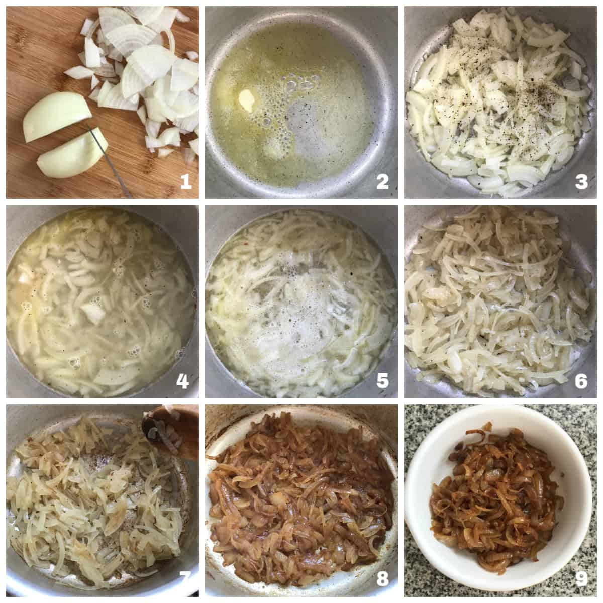 9 image collage of how to caramelize onions in saucepan