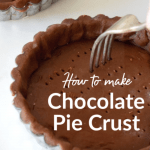 Pricking chocolate tart dough with fork, pin with text