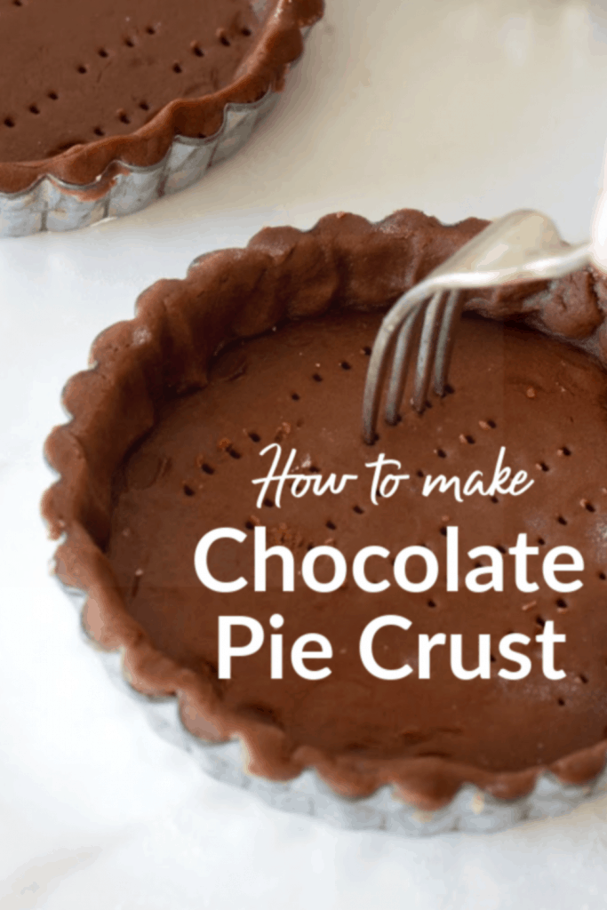 Pricking chocolate tart dough with fork, pin with text