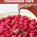Pouring chocolate filling over raspberries, pin with text