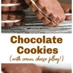 Chocolate sandwich cookies on wire rack, whole and half, long pin with text