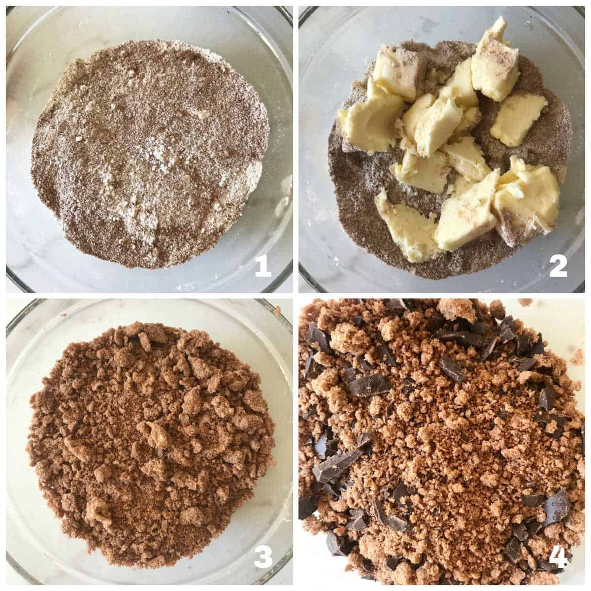 Chocolate crumble process collage, glass bowl with dry ingredients, adding butter and final mixture