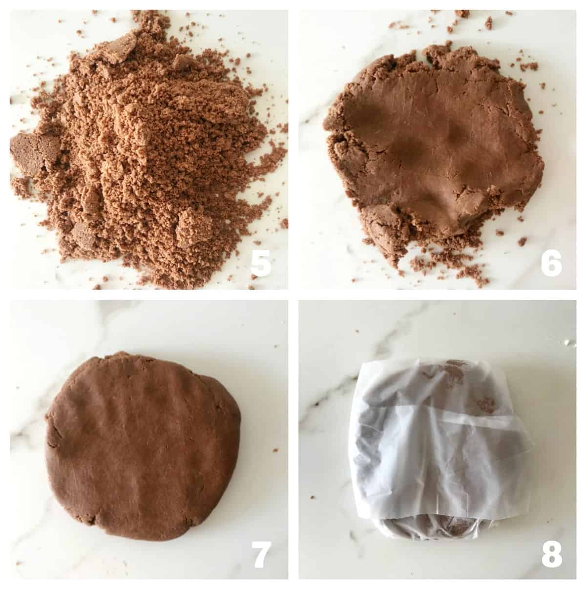 Four images showing steps for gathering ball of chocolate pie dough on white marble surface.