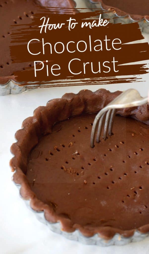 White text overlay on image of chocolate pie crust being pricked with fork on white marble surface.