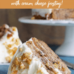 Hummingbird cake slice on blue background, image with text