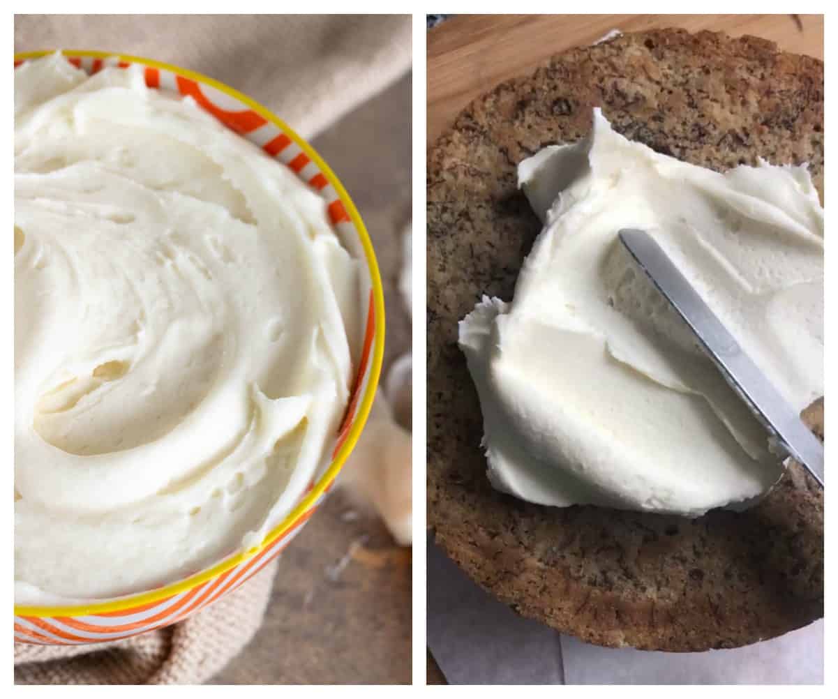 Image collage of orange bowl with cream cheese frosting; knife frosting layer of cake