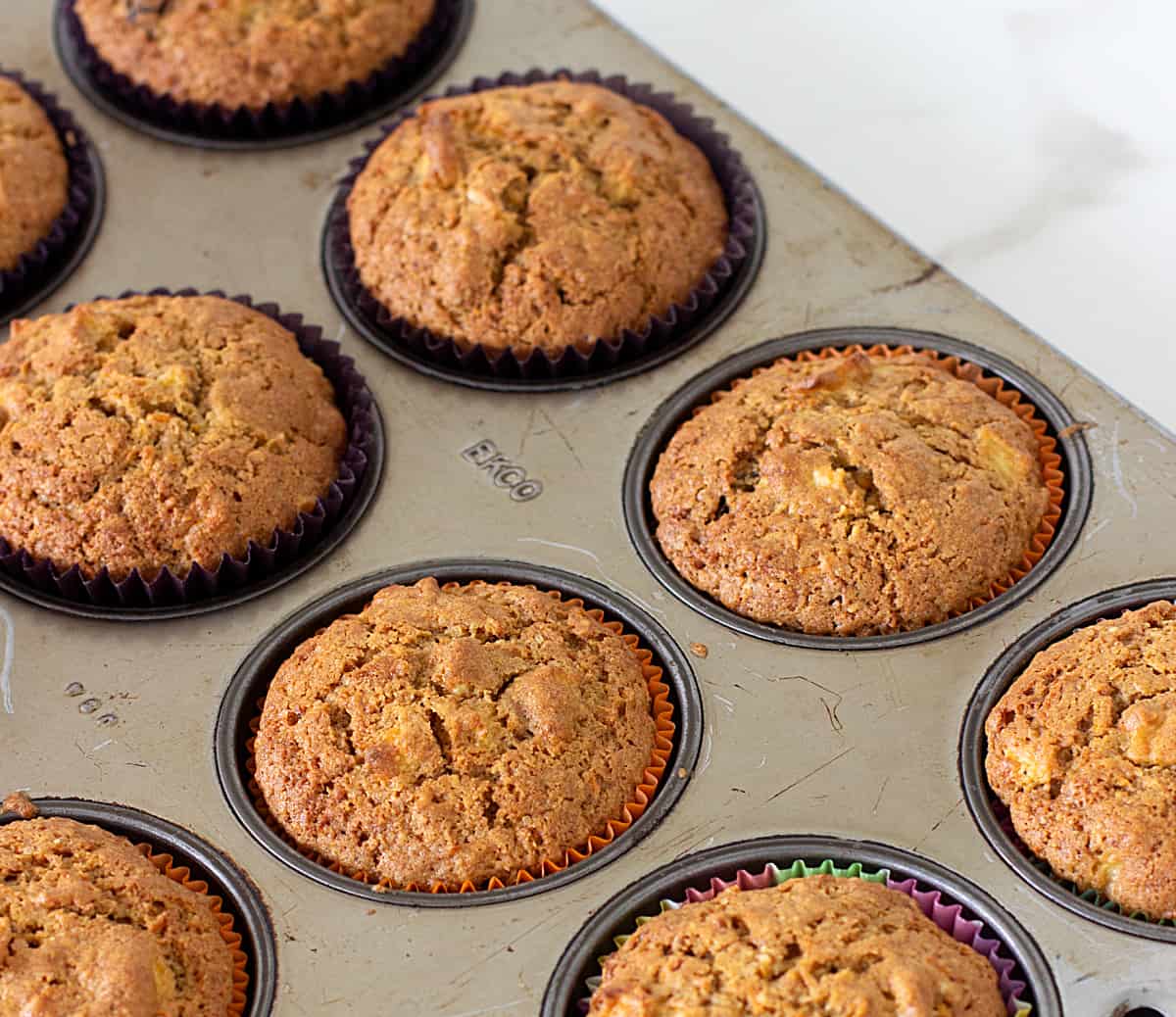 Baked muffins in grey metal pan