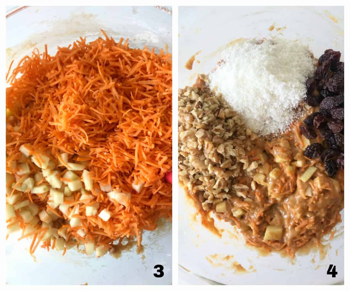 Adding grated carrots, adding nuts, coconut and raisins; image collage