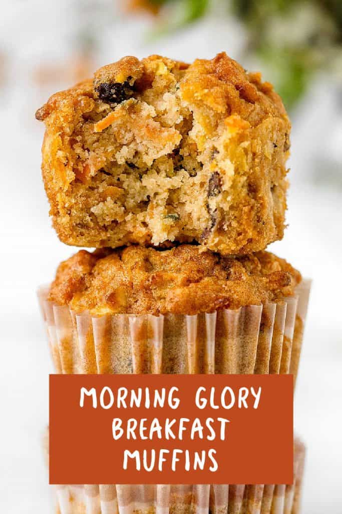 Close up image with brown text overlay of bitten morning glory muffins in a stack.