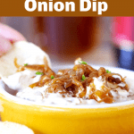 Hand lifting potato chip from yellow shallow bowl with onion dip, image with text