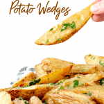 Hand holding potato wedge, mound below on wooden board, pin with text