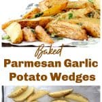 Hand holding potato wedge, mound below on wooden board, long pin with text