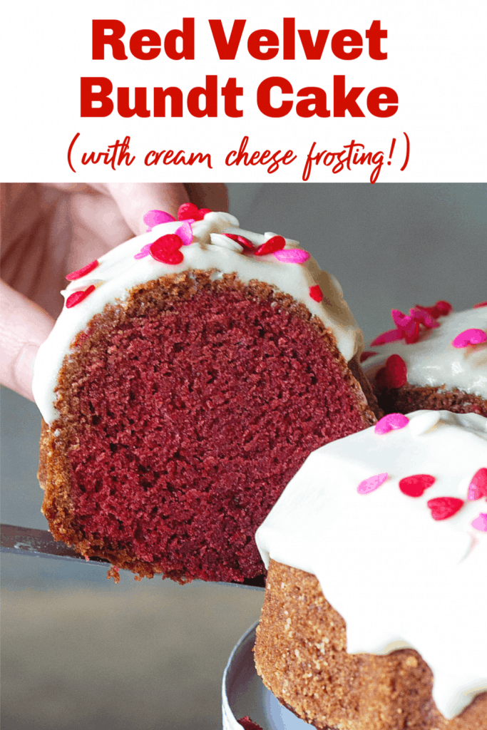 Hand lifting slice of red velvet bundt cake, image with text