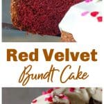 Hand lifting slice of red velvet bundt cake, long pin with text