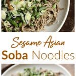 Image collage with text, soba noodle salad on white plate, orange chopsticks