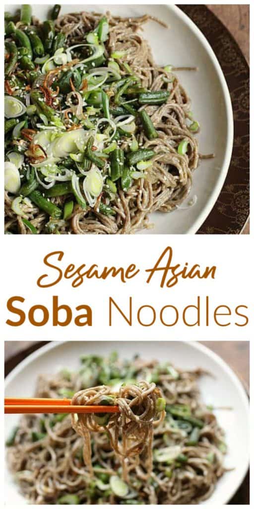 Image collage with text, soba noodle salad on white plate, orange chopsticks