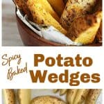 Baked potato wedges in wooden bowl on white surface, image collage with text