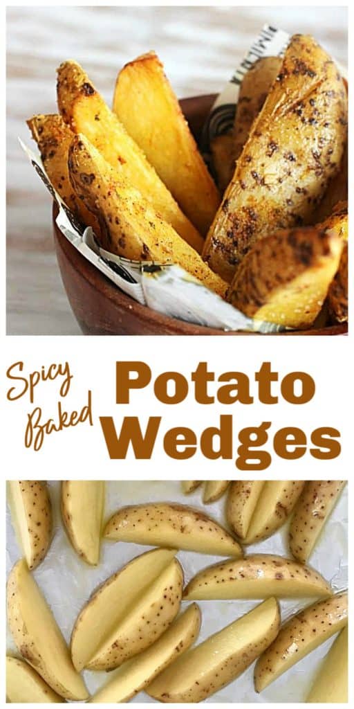 Baked potato wedges in wooden bowl on white surface, image collage with text