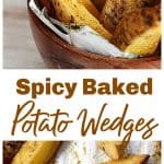 Baked potato wedges in wooden bowl on white surface, image collage with text