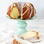 Green cake stand with glazed bundt cake, slices in plates, pin with text