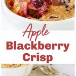 White bowls with baked crisp, red juices, grey background, long pin with text