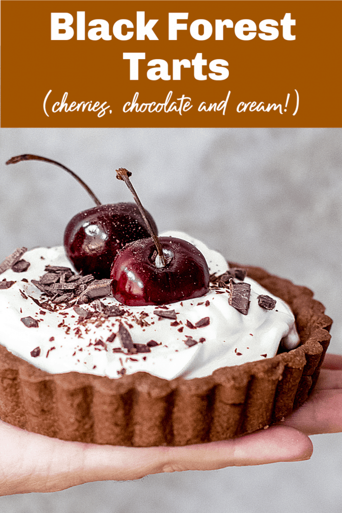 Chocolate cream tart, cherries on top, image with text