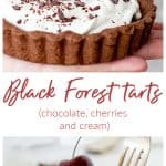 Whole and cut cherry cream tart, chocolate curst, long pin with text