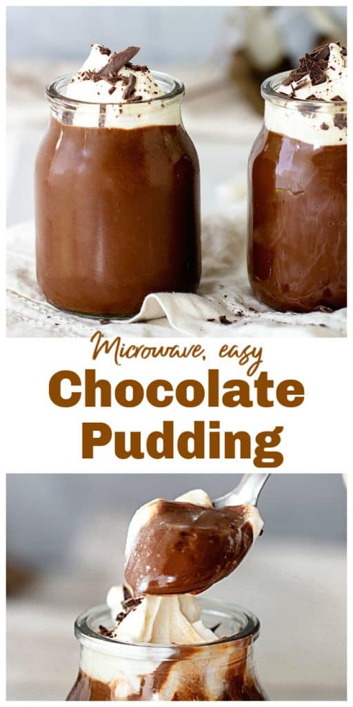 glass jars with chocolate pudding and cream, grey background, image with text
